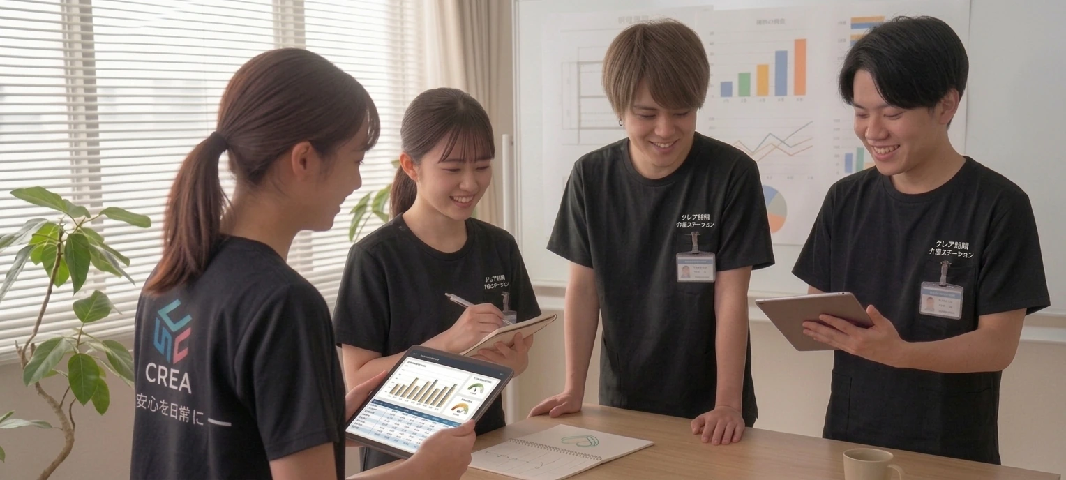 4人が笑顔で話し合うミーティングの風景